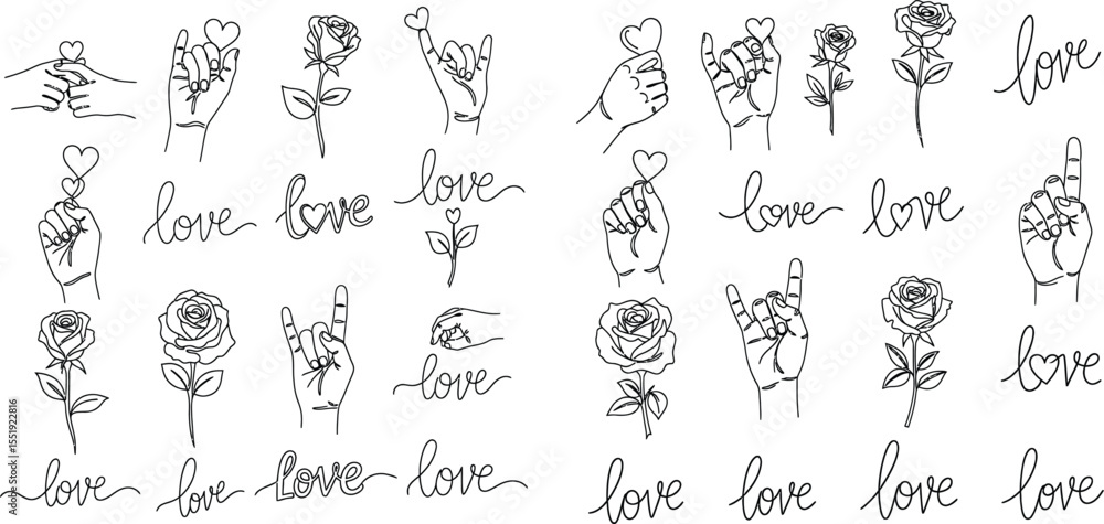 Obraz premium Minimalist Line Art Set Hands Holding Hearts, Roses, and Love Script Illustrations