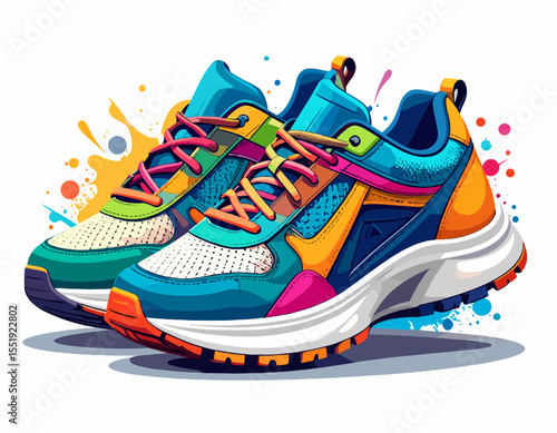 Vibrant Multicolored Sneakers with Paint Splatter Design on White Background Showcasing Modern Athletic Footwear for Running and Active Lifestyles