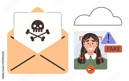 Open envelope with skull and crossbones warning, cloud, facial recognition scan identifying deepfake image. Ideal for cybersecurity, threats, fraud prevention, data privacy, deepfake detection