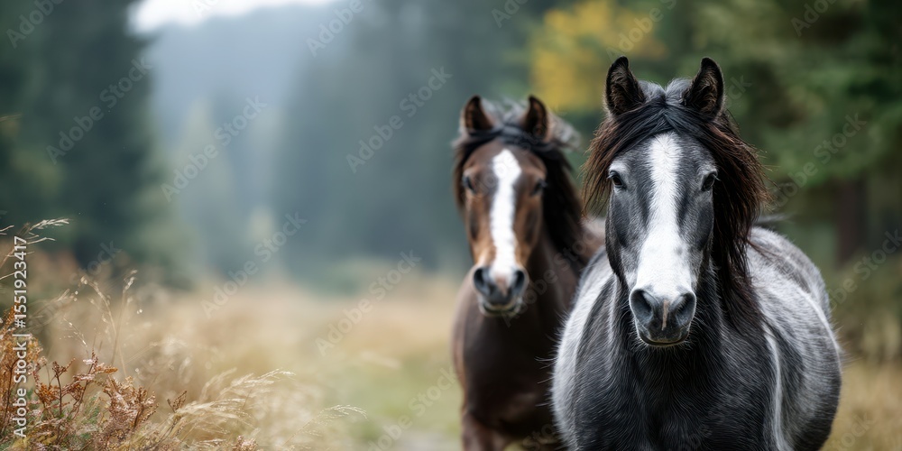 Majestic horses roaming along a tranquil forest path during a calm autumn afternoon in nature's embrace Majestic horses roaming along a tranquil forest path during a calm autumn afternoon in nature's embrace