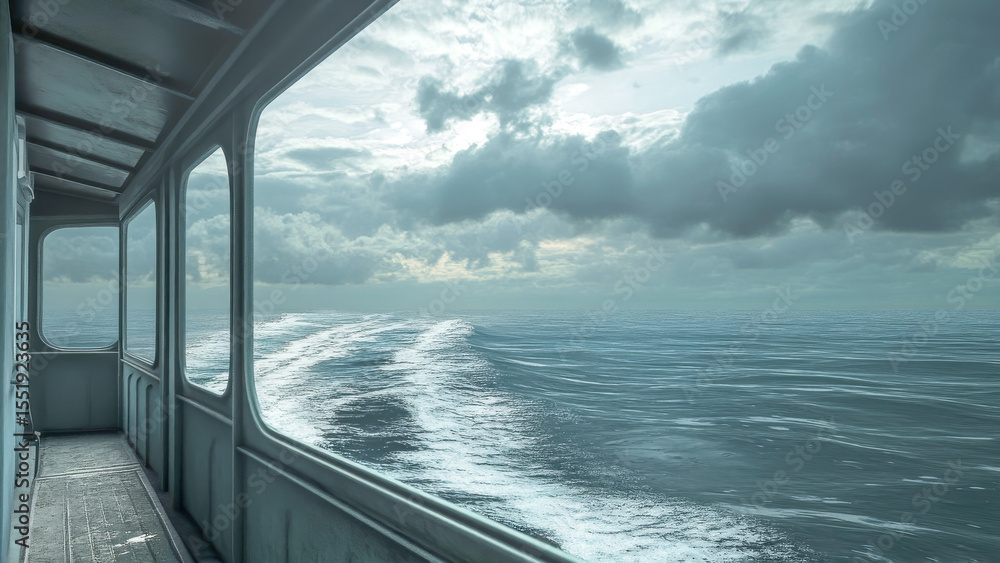 The ferry glides smoothly over calm ocean waves, surrounded by a vast, overcast sky. The journey offers a tranquil escape, revealing the beauty of coastal travel and horizon views The ferry glides smoothly over calm ocean waves, surrounded by a vast, overcast sky. The journey offers a tranquil escape, revealing the beauty of coastal travel and horizon views