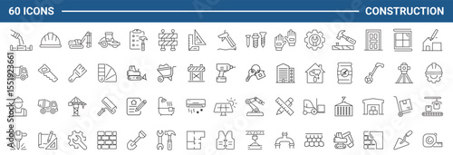 Construction set of web icons in line style. Building and construction icons for web and mobile app. Home repair, crane, building, tools, land, excavator, contractor, builders. Vector illustration