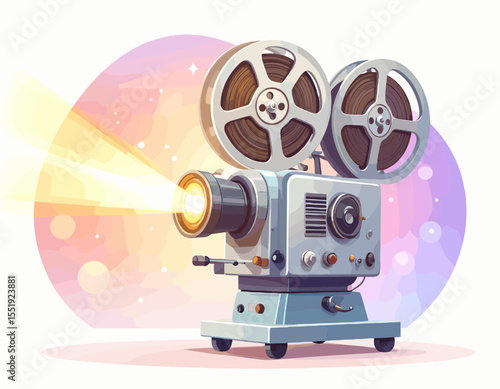 Vintage Film Projector with Light Rays on Pastel Background Artistic Depiction of Retro Cinema Entertainment Technology
