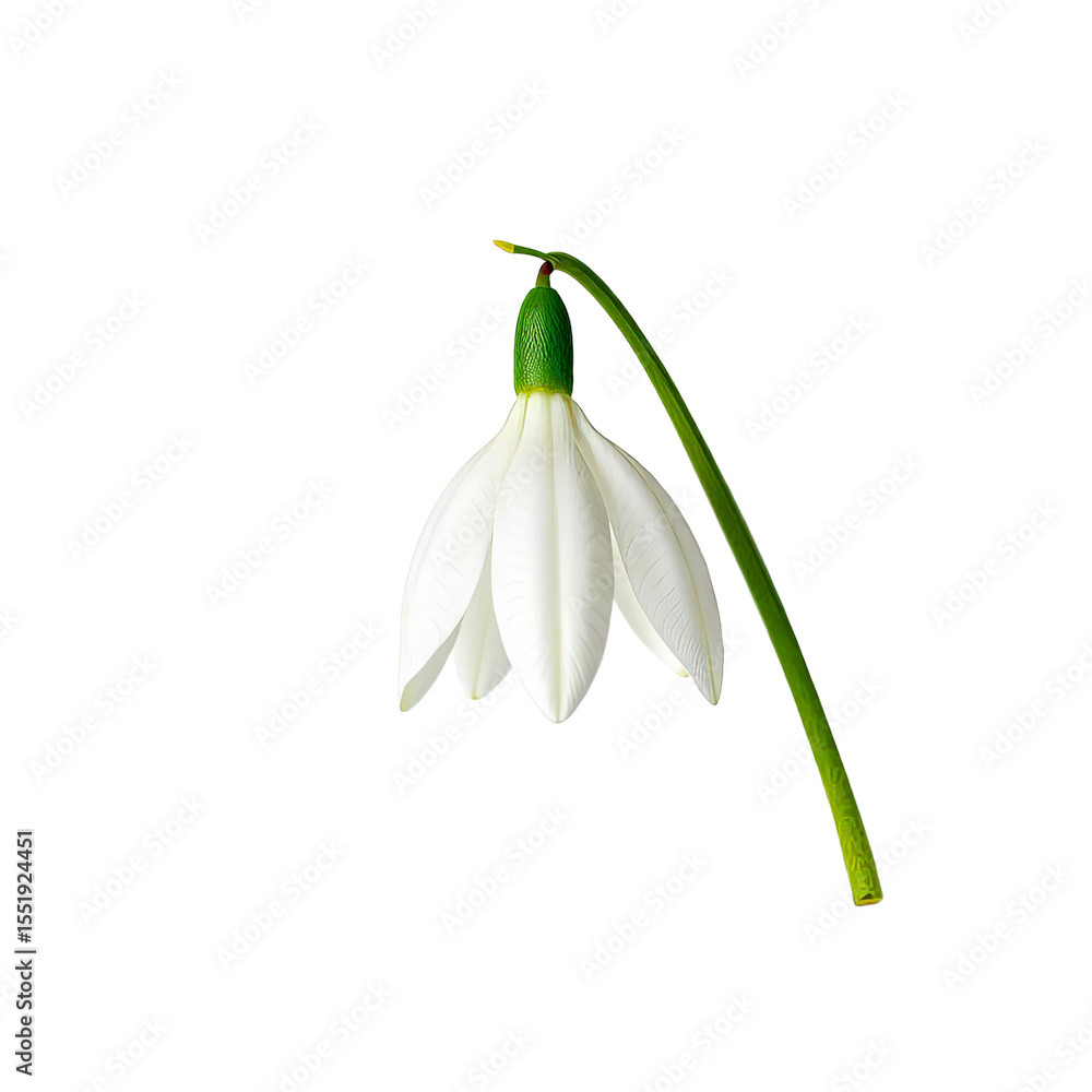 Fototapeta premium A single white snowdrop flower with a green stem is isolated against a black background.