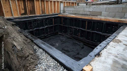 Basement waterproofing installation in progress at construction site