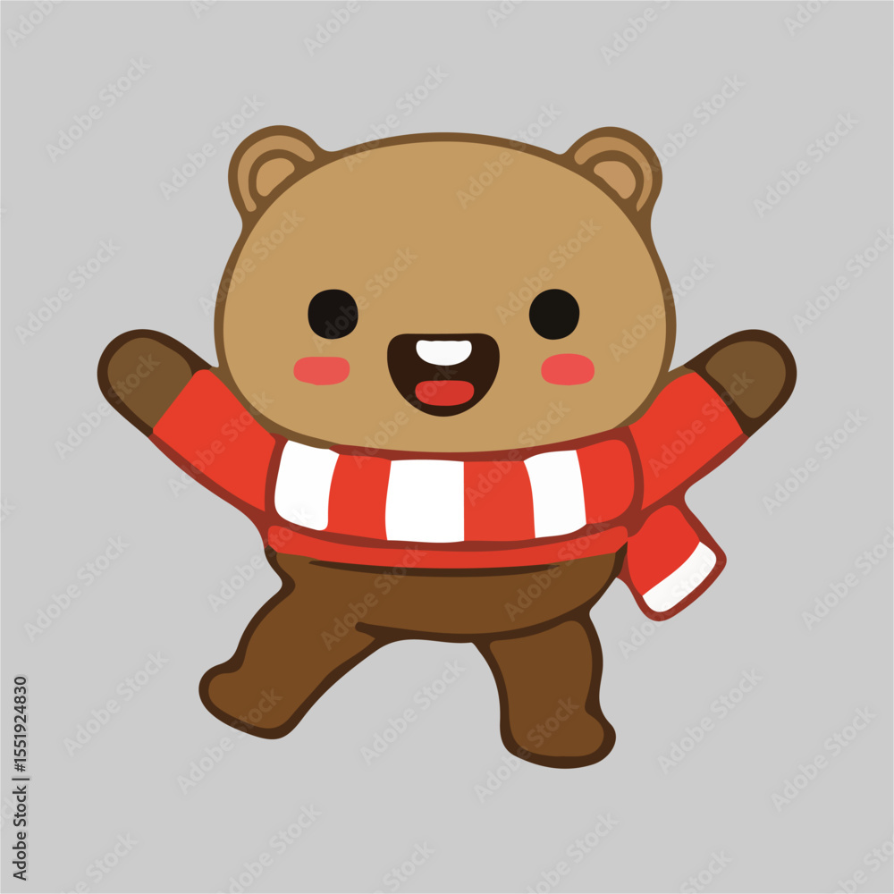 Obraz premium Adorable Brown Bear Cub in Red and White Scarf, Happy Winter Illustration