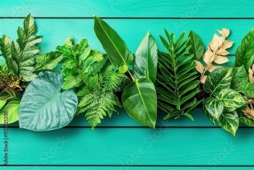 Fresh Green Leaves on Vibrant Teal Background for Nature Inspiration