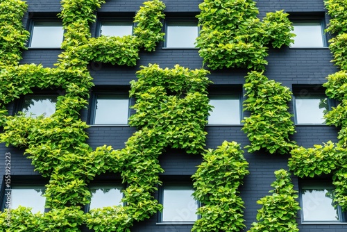 Green Vertical Garden Design with Windows on Black Building Facade