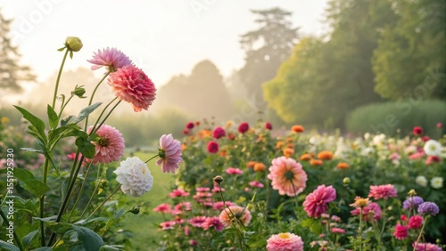 A vibrant garden filled with blooming colorful dahlias in soft morning light, surrounded by lush greenery and distant trees.