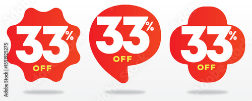 33% off, offer, promo, price, retail, label, tag, sticker, value, sales, special, shop, marketing, product, advertising,, red, balloon, store. Vector, icon, set