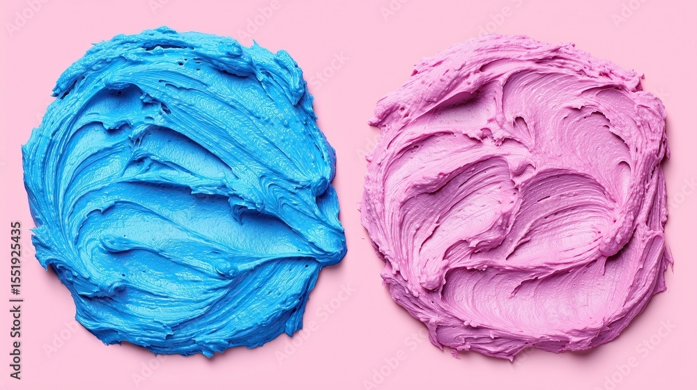 Obraz premium Two dollops of frosting: vibrant blue and soft pink side by side on pink surface