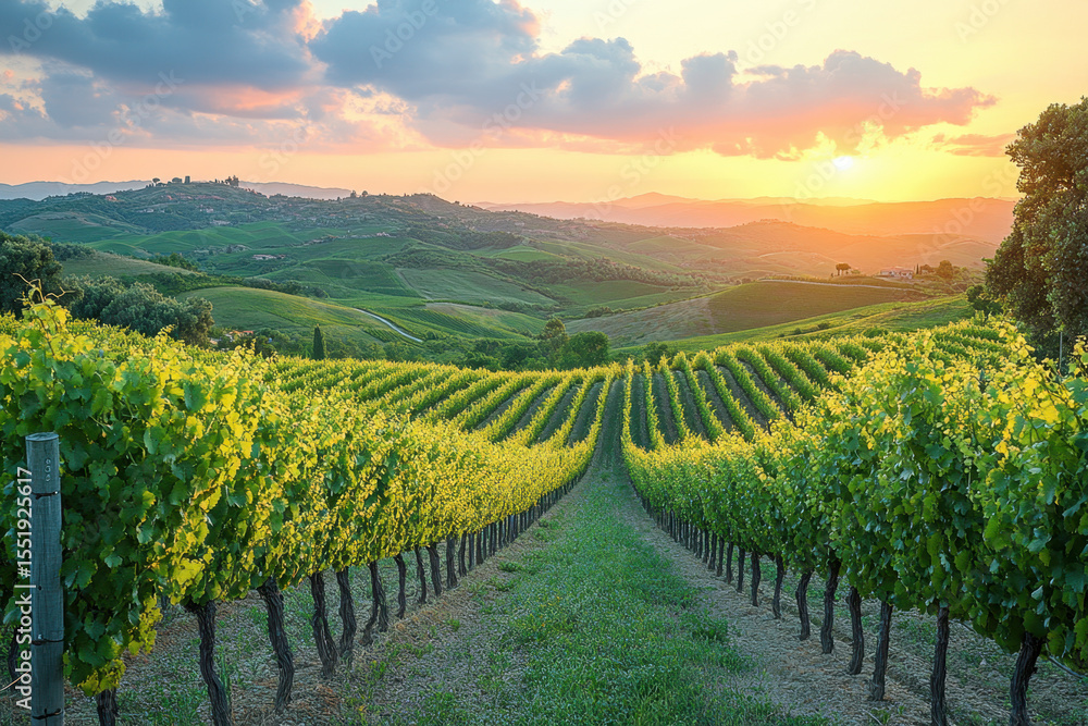 Fototapeta premium Sun setting over vineyards at sunset.