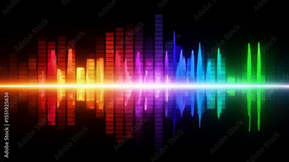 Colorful sound wave equalizer, dynamic, representing audio against a black background