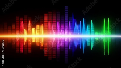 Colorful sound wave equalizer, dynamic, representing audio against a black background 