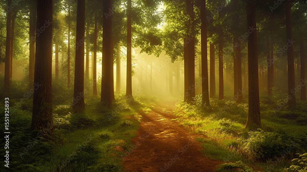 Fototapeta premium Serene forest path illuminated by soft sunlight through tall trees.