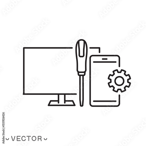 broken gadget repair icon, phone with computer repair service concept, thin line symbol isolated on white background, editable stroke eps 10 vector illustration