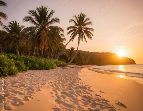 Fototapeta Naklejka Na Ścianę i Meble -  sunset on the beach, Sunny exotic beach by the ocean with palm trees at sunset summer vacation by the sea photography