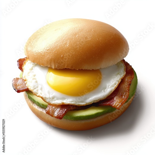 Breakfast Sandwich with Egg, Bacon, Avocado on Soft Bun