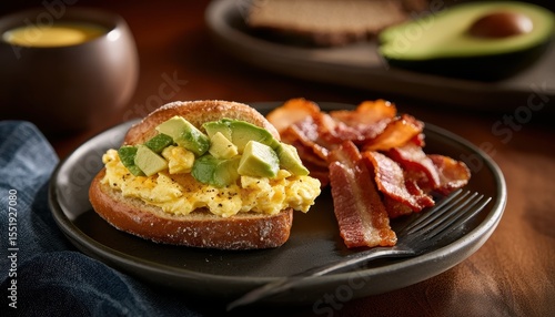Savory Breakfast Plate with Scrambled Eggs, Avocado, and Bacon
