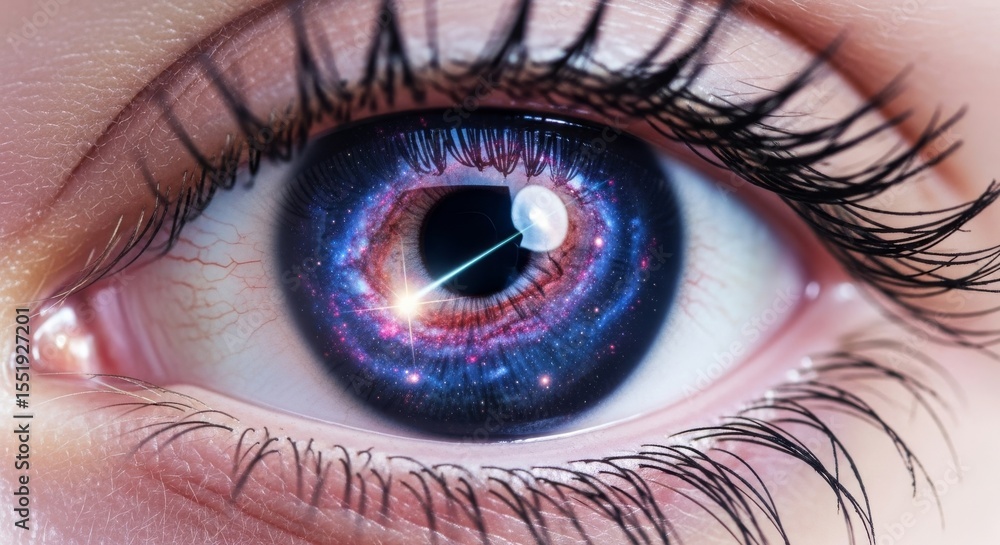 Fototapeta premium Galaxy eye with cosmic iris and starry light reflection