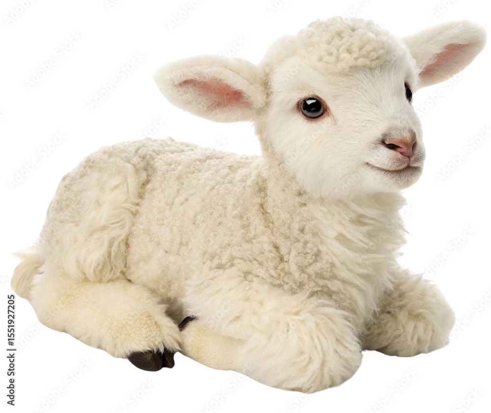 Fototapeta premium Close-up portrait of a cute white ewe and its young lamb grazing in a green rural meadow