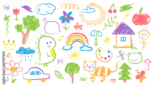 Hand drawn set of colorful children's doodles in crayon style. Animals, trees, rainbow, house, sun, flowers and other cute elements. Collection of vector kids drawings, sketches with chalk texture.