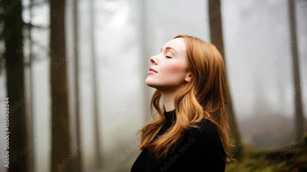 A young woman with red hair stands in a misty forest, eyes closed, appearing calm and peaceful as she enjoys the tranquil surroundings. A young woman with red hair stands in a misty forest, eyes closed, appearing calm and peaceful as she enjoys the tranquil surroundings.