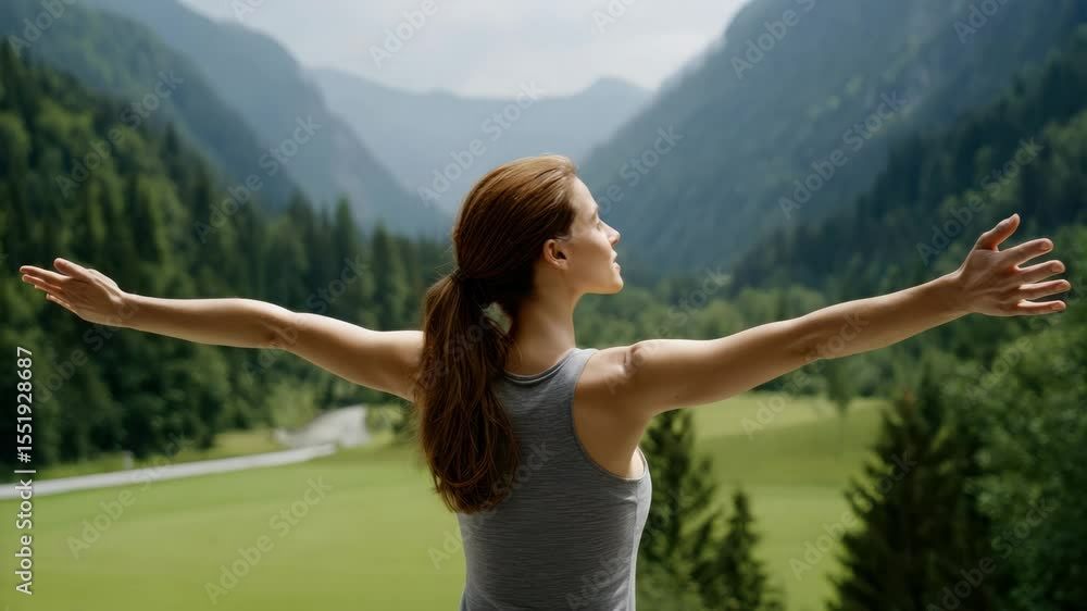 A woman stands outdoors with arms outstretched, enjoying fresh air and scenic mountain views surrounded by lush green trees. A woman stands outdoors with arms outstretched, enjoying fresh air and scenic mountain views surrounded by lush green trees.