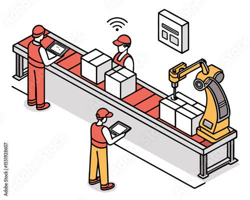 Isometric isolated illustration of a high-tech Industry 4.0 smart factory, featuring AMRs, engineers, and investors observing real-time IoT automation and intelligent manufacturing processes.