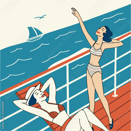 Two Women in Bikinis Enjoying Ocean View from Cruise Ship Deck – Flat Vector Illustration

