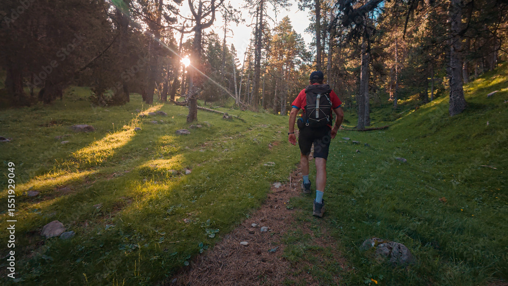 Obraz premium Man ascending to the Agujas de Lavasar from Saravillo, crossing the Lavasar refuge and a landscape of mountains and forests in the picturesque Chistau Valley in the Aragonese Pyrenees.