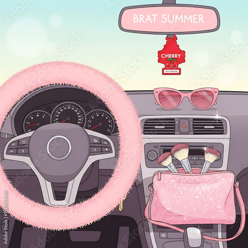 Brat Summer Aesthetic: Car Interior with Pink Accessories