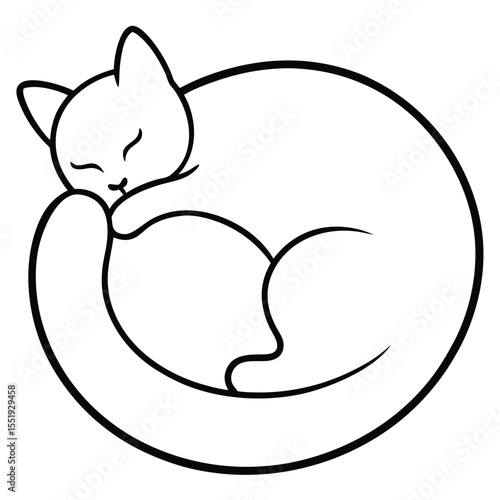 Simple black and white line art illustration of a sleeping cat curled up in a circle