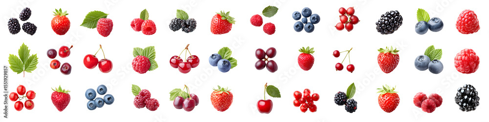 Assorted Fresh Berries Collection Isolated on White Background Assorted Fresh Berries Collection Isolated on White Background