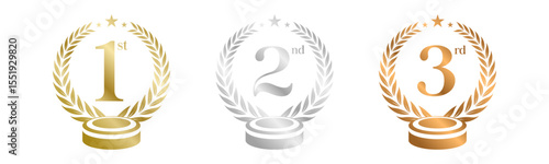 Podium Award Winner Set Vector Illustration. Figures 1, 2, 3 In A Realistic Gold Silver Bronze with Laurel Wreath . Competition Game Concept. Isolated on white