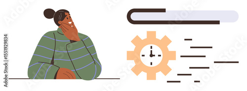 Woman in cozy attire thinking, progress bar symbolizing process or tasks, cog with clock representing time management. Ideal for productivity, workflow, strategy, goals, concentration, efficiency