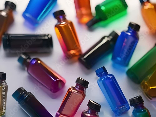Colorful plastic bottles scattered on a white surface
