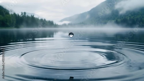 A serene water drop creating ripples on a lake, with misty mountains in the background. The image captures the stillness and beauty of nature