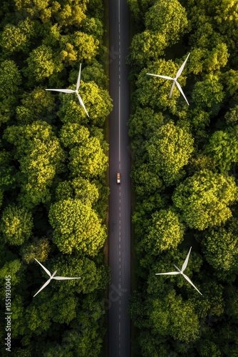 Aerial View of Wind Turbines Surrounded by Lush Green Forest