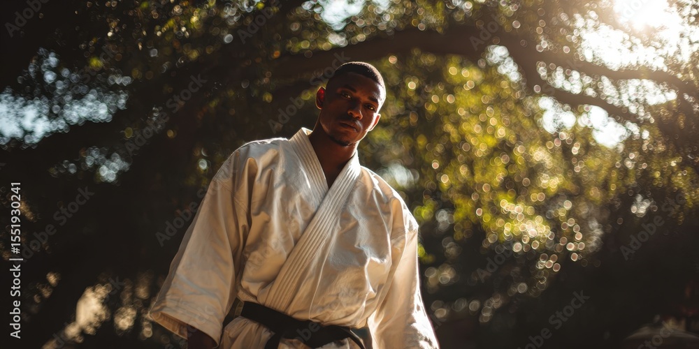 Fototapeta premium Man Wearing White Kimono with Black Belt in Traditional Martial Arts Pose