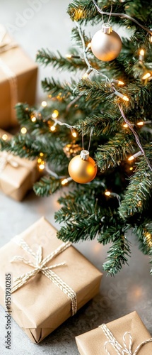 Cozy Decorated Christmas Tree with Brown Packages and Ornaments