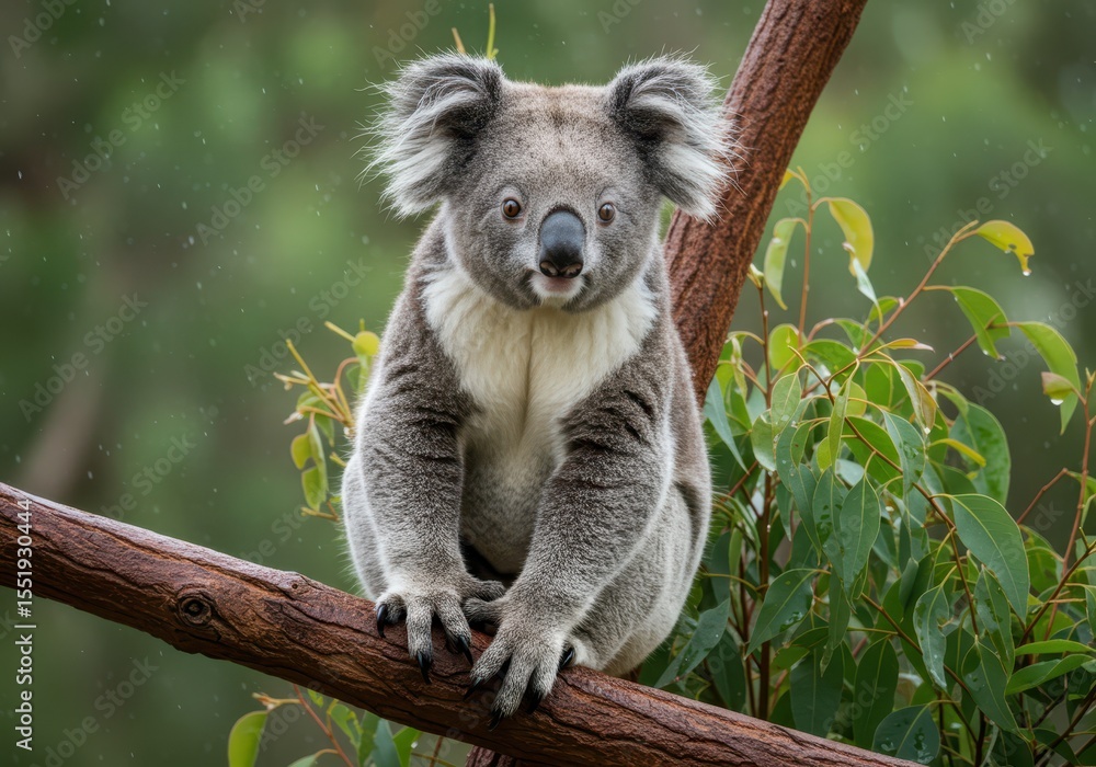 Naklejka premium Koala sitting on a tree branch surrounded by eucalyptus leaves in the rain