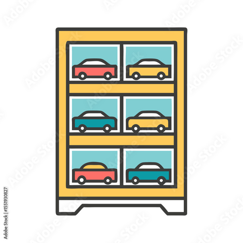 Matchbox car showcase shelf featuring colorful toy vehicles  