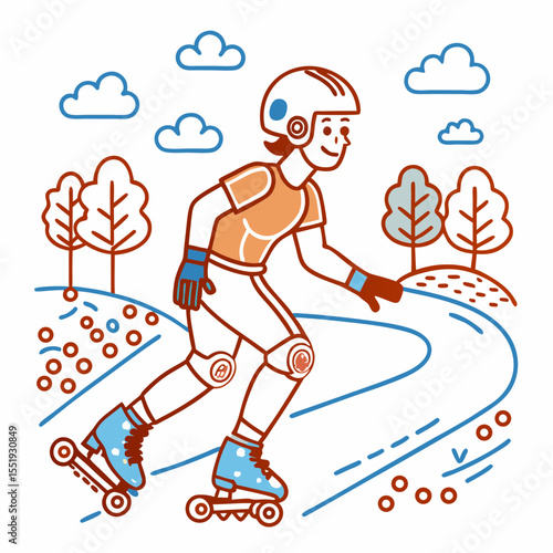 Young person rollerblading on outdoor path with trees and clouds - Concept of Hobby  
