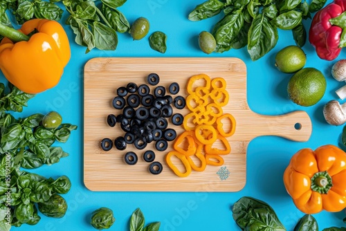 Fresh Ingredients for Salad Preparation on Cutting Board Surface