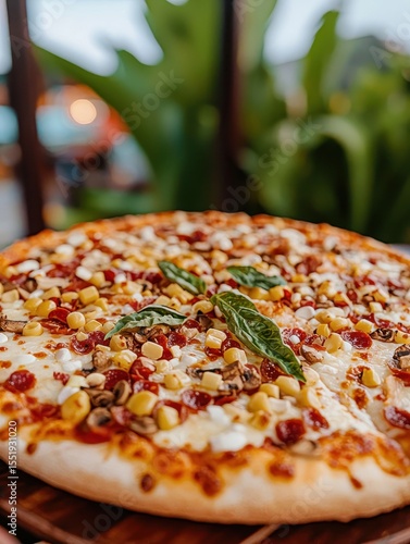 Delicious Gourmet Pizza with Fresh Toppings and Herbs