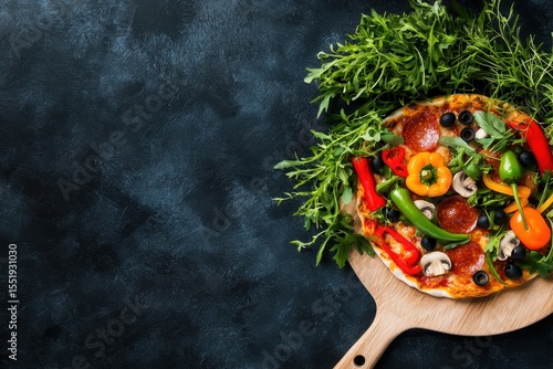 Fresh Pizza Topped with Vegetables on Wooden Cutting Board