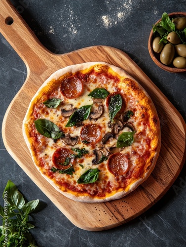Delicious Pepperoni Pizza with Fresh Basil and Mushrooms on Board
