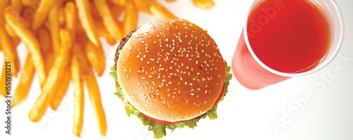 Delicious Hamburger with Fries and Drink on White Background