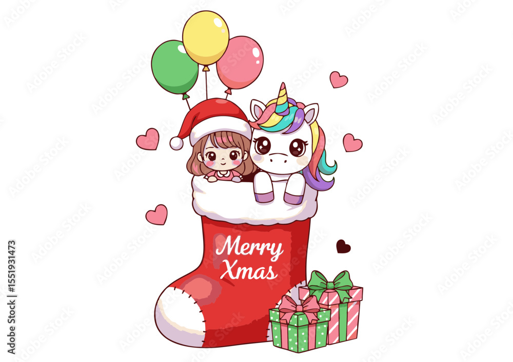 Obraz premium Adorable Christmas Unicorn and Girl in Stocking Illustration